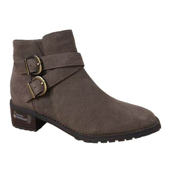 NEW Blondo Dark Taupe Green Suede Stacy Buckle Side Zip Waterproof Bootie 7.5 - Picture 1 of 10